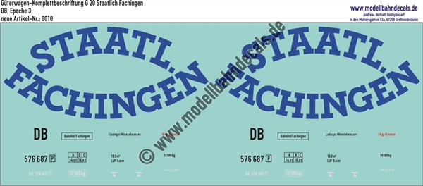 Nass-Schiebebilder: Komplettbeschriftung G 20 Staatlich Fachingen. Artikel-Nummer: 0010