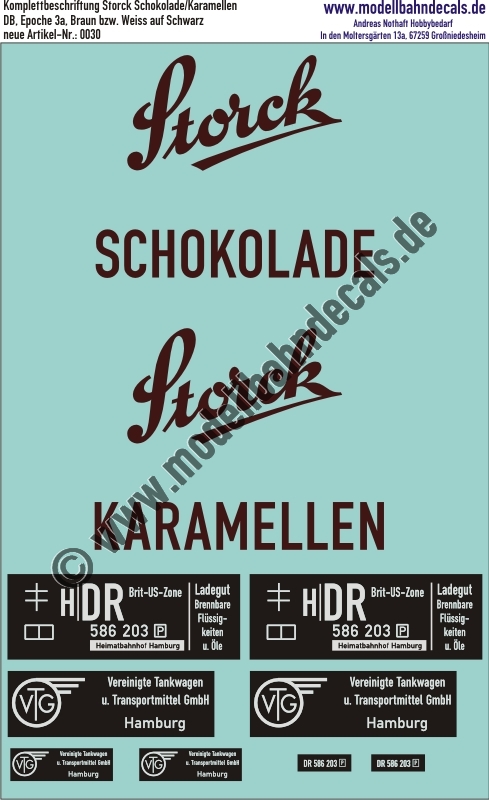 "Nass-Schiebebilder: Komplettbeschriftung Storck DR-Brit-US-Zone (VTG) (bei H0 inkl. Schilder aus PVC, solange Vorrat reicht), Auslaufartikel! Neu: 0031. Artikel-Nummer: 0030"