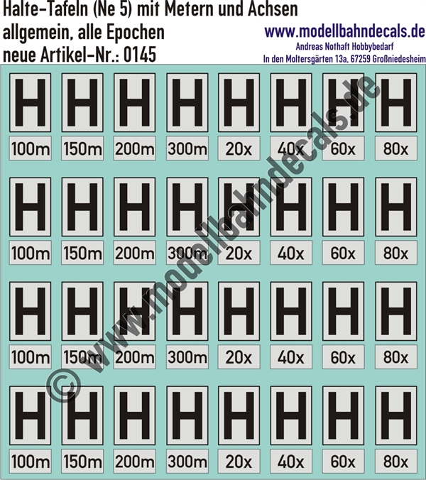 Nass-Schiebebilder: Halte-Tafeln (Ne 5) mit Metern und Achsen. Artikel-Nummer: 0145