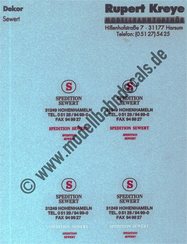 Nass-Schiebebilder: LKW-Beschriftung Spedition Sewert - (Rück)seite. Artikel-Nummer: 0180