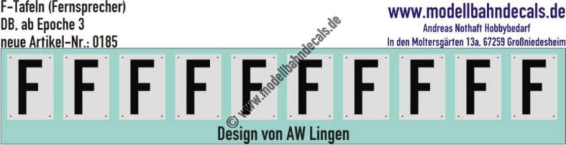 Nass-Schiebebilder: F-Tafeln für Fernsprecheinrichtungen, DB ab Epoche 3, Artikel-Nummer: 0185