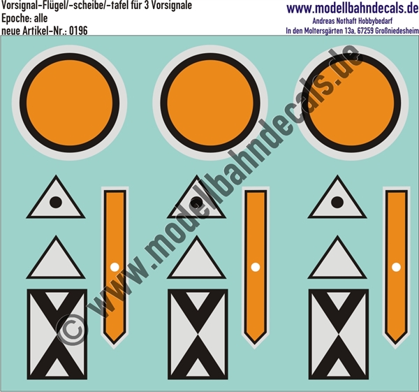 "Nass-Schiebebilder: Vorsignalflügel, -scheibe, -tafel für 3 Vorsignale. Artikel-Nummer: 0196"