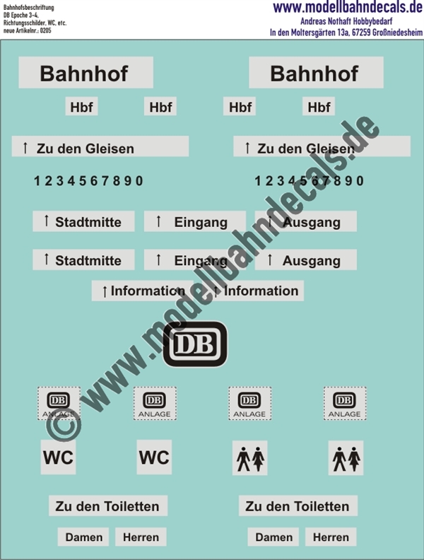 "Nass-Schiebebilder: Bahnhofsbeschriftung DB Epoche 3-4, Richtungsschilder, WC, etc.. Artikel-Nummer: 0205"