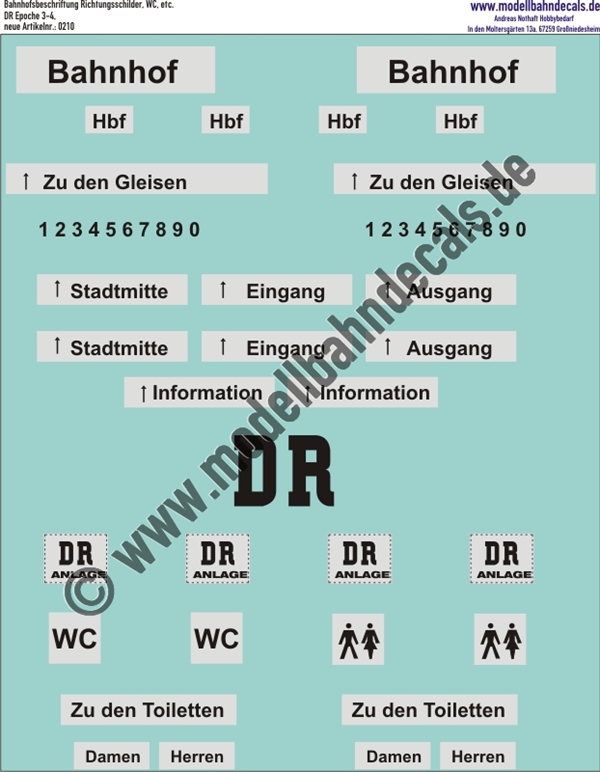 "Nass-Schiebebilder: Bahnhofsbeschriftung DR, Richtungsschilder, WC, etc.. Artikel-Nummer: 0210"