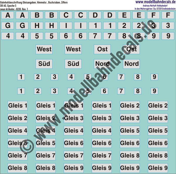 "Nass-Schiebebilder: Bahnhofsbeschriftung DB-AG, Gleisangaben, Himmelsrichtungen, Buchstaben, Ziffern. Artikel-Nummer: 0220"