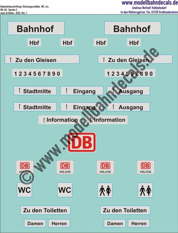 "Nass-Schiebebilder: Bahnhofsbeschriftung DB-AG, Richtungsschilder, WC, etc.. Artikel-Nummer: 0225"