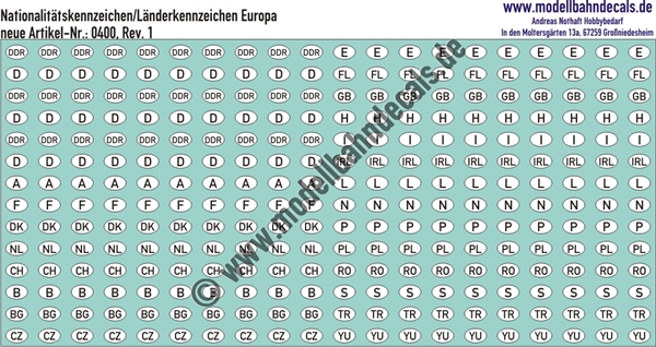 "Aufkleber: Nationalitätskennzeichen/Länderkennzeichen Europa (Buchstabe im Oval), Schwarz auf Weiss. Artikel-Nummer: 0400"
