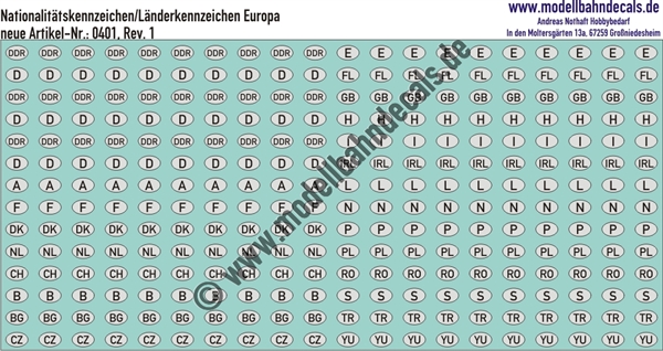 "Nass-Schiebebilder: Nationalitätskennzeichen/Länderkennzeichen Europa (Buchstabe im Oval), Schwarz auf Weiss. Artikel-Nummer: 0401"