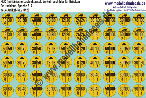 Nass-Schiebebilder: MLC (militärische Lastenklasse), Verkehrsschilder für Brücken, Deutschland (Schwarz auf Gelb), je 2x10 für Panzer, LKW, allgemein. Artikel-Nummer: 0420