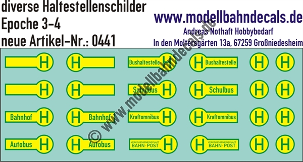 "Nass-Schiebebilder: diverse Haltestellenschilder, Epoche 3-4. Artikel-Nummer: 0441"