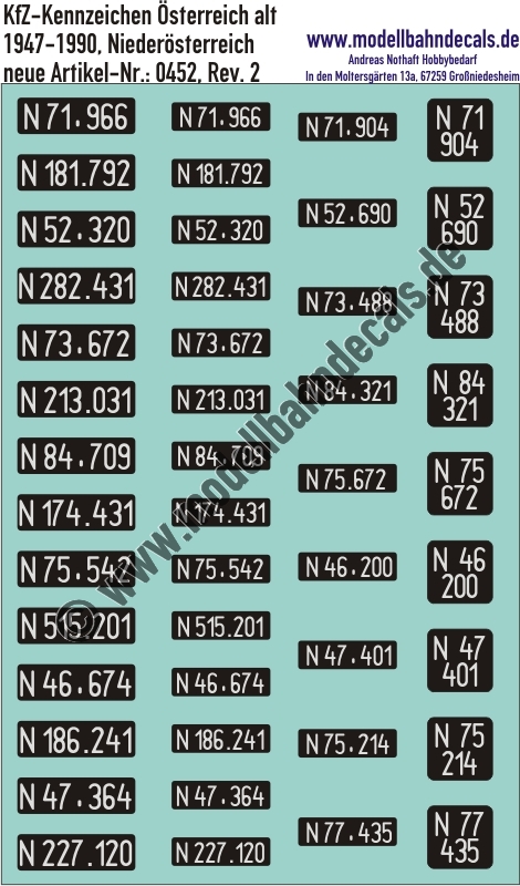 "Nass-Schiebebilder: Kfz-Kennzeichen Österreich alt (1947-1990), weisse Schrift auf schwarzem Grund, für 14 PKW + 9 LKW, Niederösterreich. Artikel-Nummer: 0452"