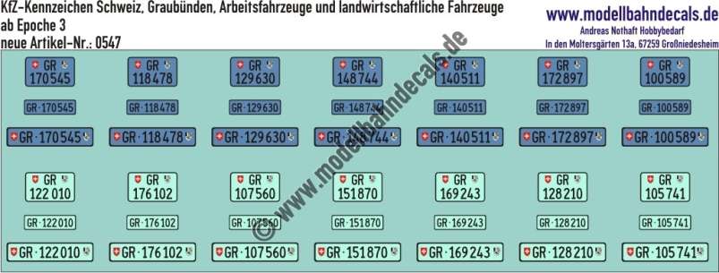 Nass-Schiebebilder: Kfz-Kennzeichen/Kontrollschild Schweiz, Graubünden, Arbeitsfahrzeuge und landwirtschaftliche Fahrzeuge, für 14 PKW oder LKW. Artikel-Nummer: 0547