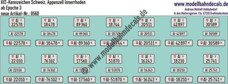 Nass-Schiebebilder: Kfz-Kennzeichen/Kontrollschild Schweiz, Appenzell Innerrhoden, für 14 PKW oder LKW. Artikel-Nummer: 0560