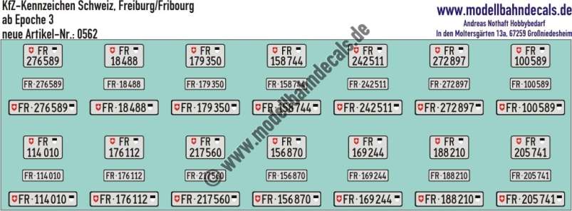 Nass-Schiebebilder: Kfz-Kennzeichen/Kontrollschild Schweiz, Freiburg/Fribourg, für 14 PKW oder LKW. Artikel-Nummer: 0562