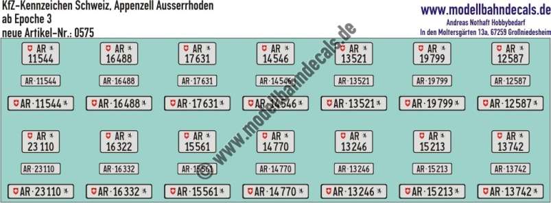 Nass-Schiebebilder: Kfz-Kennzeichen/Kontrollschild Schweiz, Appenzell Ausserrhoden, für 14 PKW oder LKW. Artikel-Nummer: 0575