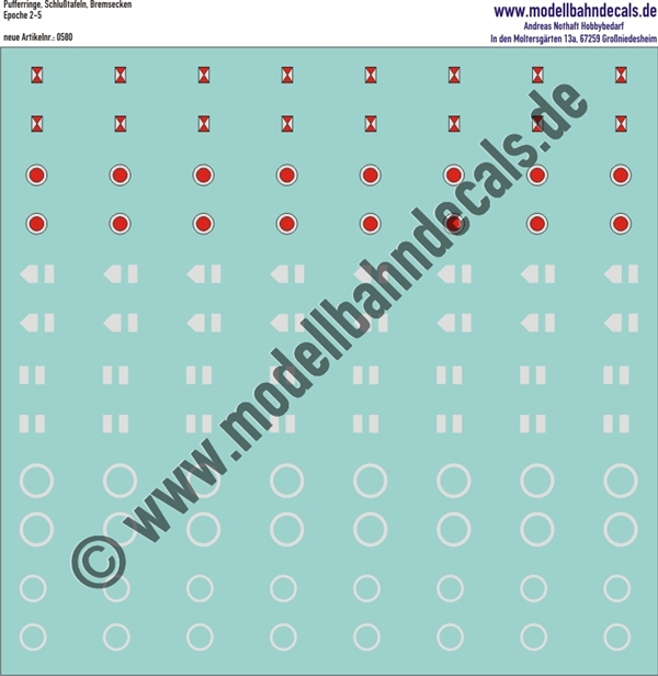 "Nass-Schiebebilder: Pufferringe (müsen ausgeschnitten werden), Schlusstafeln, Bremsecken; wir empfehlen für Bremsecken unbedingt einen Weichmacher - z.B. Decal-Medium. Artikel-Nummer: 0580"