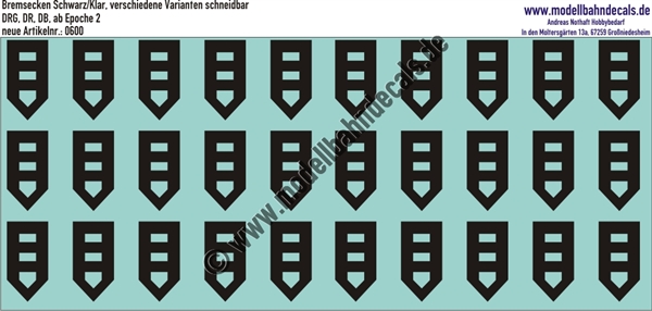 "Nass-Schiebebilder: Bremsecken Schwarz/Klar, beide Varianten schneidbar; wir empfehlen für Bremsecken unbedingt einen Weichmacher - z.B. Decal-Medium. Artikel-Nummer: 0600"