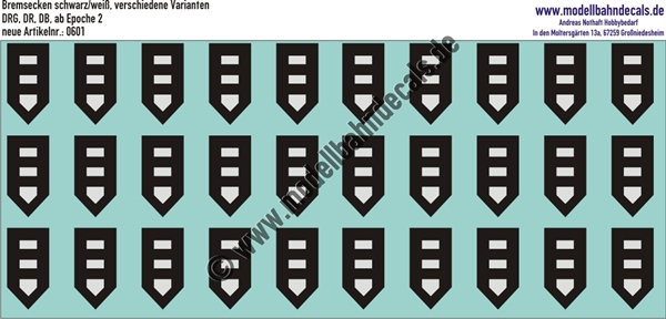"Nass-Schiebebilder: Bremsecken Schwarz/Weiss, beide Varianten schneidbar; wir empfehlen für Bremsecken unbedingt einen Weichmacher - z.B. Decal-Medium. Artikel-Nummer: 0601"