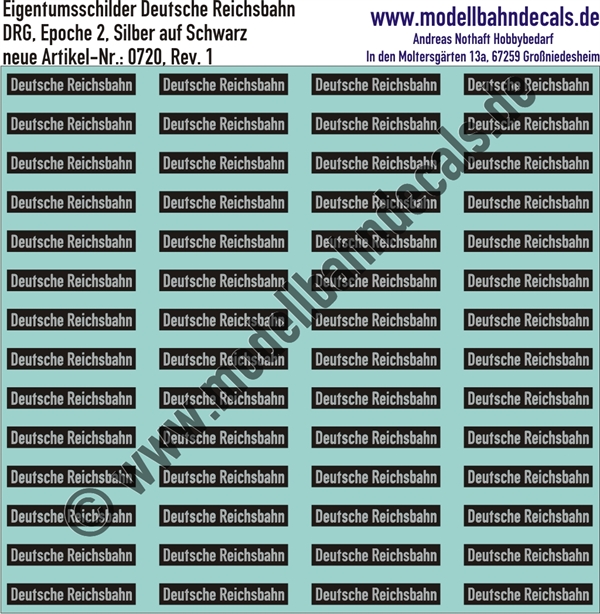 Nass-Schiebebilder: Eigentumsschilder Deutsche Reichsbahn Schwarz/Aluminium. Artikel-Nummer: 0720