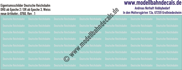 Nass-Schiebebilder: Eigentumsschilder Deutsche Reichsbahn Weiss. Artikel-Nummer: 0760