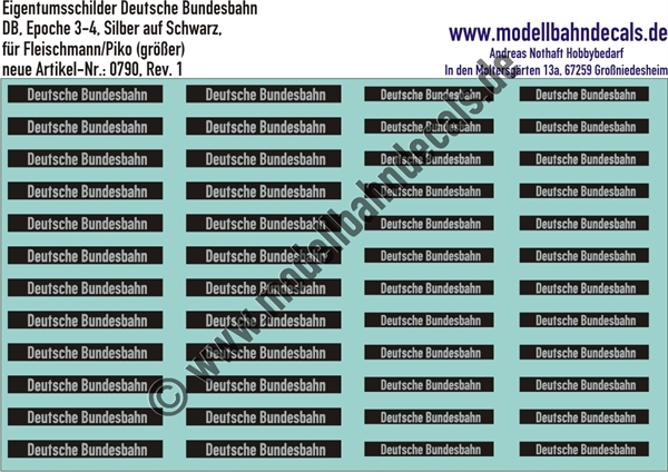 Nass-Schiebebilder: Eigentumsschilder Deutsche Bundesbahn Schwarz/Aluminium Fleischmann/Piko. Artikel-Nummer: 0790