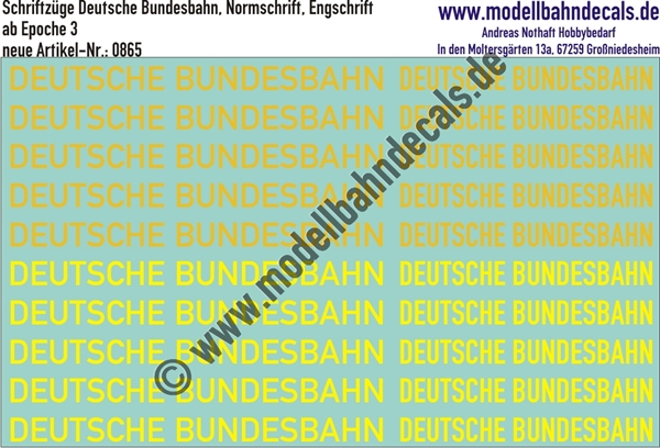 "Nass-Schiebebilder: Schriftzüge Deutsche Bundesbahn Signalgelb/Reingelb, Normschrift und Engschrift. Artikel-Nummer: 0865"