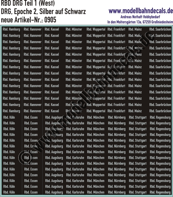 "Nass-Schiebebilder: Rbd (DRG) Teil 1 Aluminium West, Silber auf Schwarz, Rbd und Städtenamen. Artikel-Nummer: 0905"