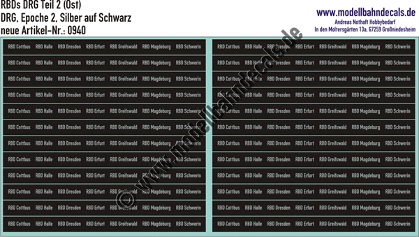 "Nass-Schiebebilder: RBD (DRG) Teil 2 Aluminium Ost, Silber auf Schwarz, RBD und Städtenamen. Artikel-Nummer: 0940"