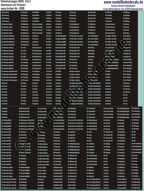 "Nass-Schiebebilder: Beheimatungen (DRG) Teil 2 Aluminium, Silber auf Schwarz, Bw und Städtenamen. Artikel-Nummer: 0990"