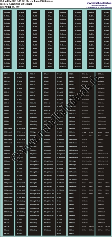 "Nass-Schiebebilder: Rbd und Bw (DDR) Teil 1 Süd Schwarz/Aluminium, Rbd bzw. Bw und Städtenamen. Artikel-Nummer: 1090"
