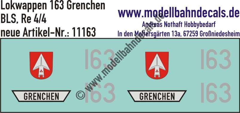Nass-Schiebebilder: Zusatzbeschriftung mit Wappen Lok 163 Grenchen für Re 4/4 der BLS, ab Epoche 3. Artikel-Nummer: 11163