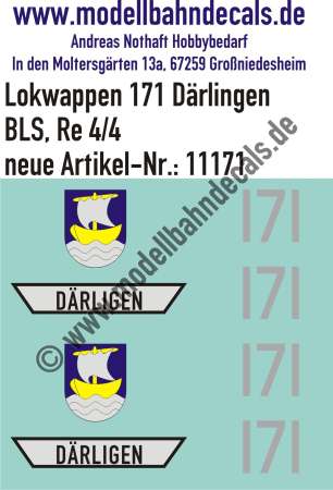 Nass-Schiebebilder: Zusatzbeschriftung mit Wappen Lok 171 Därlingen für Re 4/4 der BLS, ab Epoche 3. Artikel-Nummer: 11171