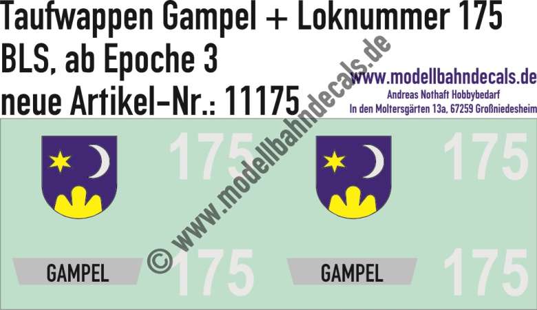 Nass-Schiebebilder: Zusatzbeschriftung mit Wappen Lok 175 Gampel für Re 4/4 der BLS, ab Epoche 3. Artikel-Nummer: 11175