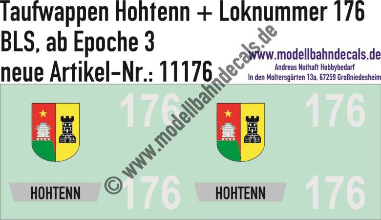 Nass-Schiebebilder: Zusatzbeschriftung mit Wappen Lok 176 Hohtenn für Re 4/4 der BLS, ab Epoche 3. Artikel-Nummer: 11176