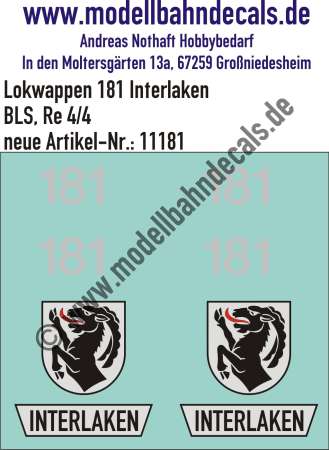 Nass-Schiebebilder: Zusatzbeschriftung mit Wappen Lok 181 Interlaken für Re 4/4 der BLS, ab Epoche 3. Artikel-Nummer: 11181
