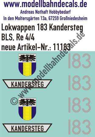 Nass-Schiebebilder: Zusatzbeschriftung mit Wappen Lok 183 Kandersteg für Re 4/4 der BLS, ab Epoche 3. Artikel-Nummer: 11183