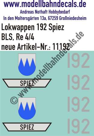 Nass-Schiebebilder: Zusatzbeschriftung mit Wappen Lok 192 Spiez für Re 4/4 der BLS, ab Epoche 3. Artikel-Nummer: 11192