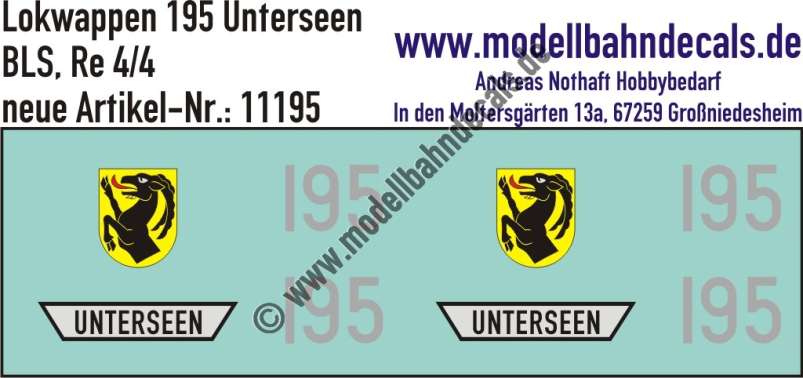 Nass-Schiebebilder: Zusatzbeschriftung mit Wappen Lok 195 Unterseen für Re 4/4 der BLS, ab Epoche 3. Artikel-Nummer: 11195