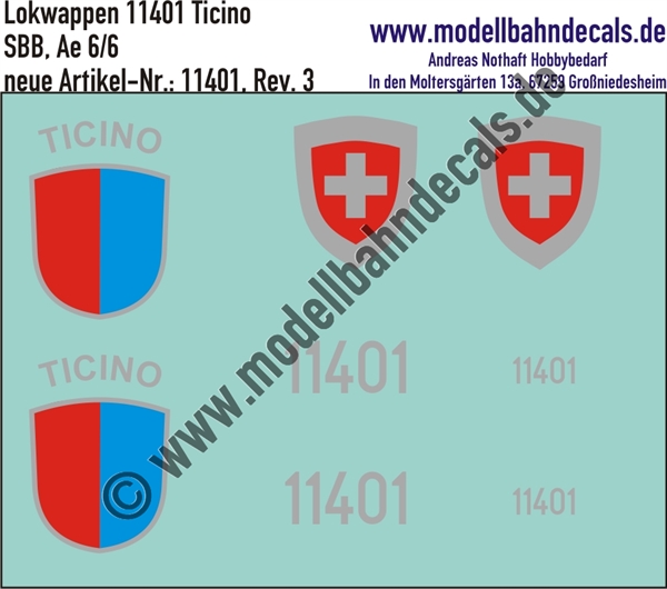 "Nass-Schiebebilder: Zusatzbeschriftung mit Wappen Lok 11401 Ticino (Tessin) für Ae 6/6 der SBB, ab Epoche 3. Artikel-Nummer: 11401"