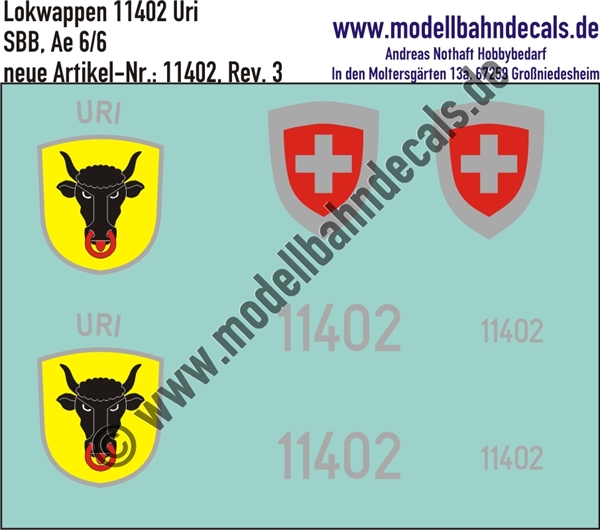 "Nass-Schiebebilder: Zusatzbeschriftung mit Wappen Lok 11402 Uri für Ae 6/6 der SBB, ab Epoche 3. Artikel-Nummer: 11402"