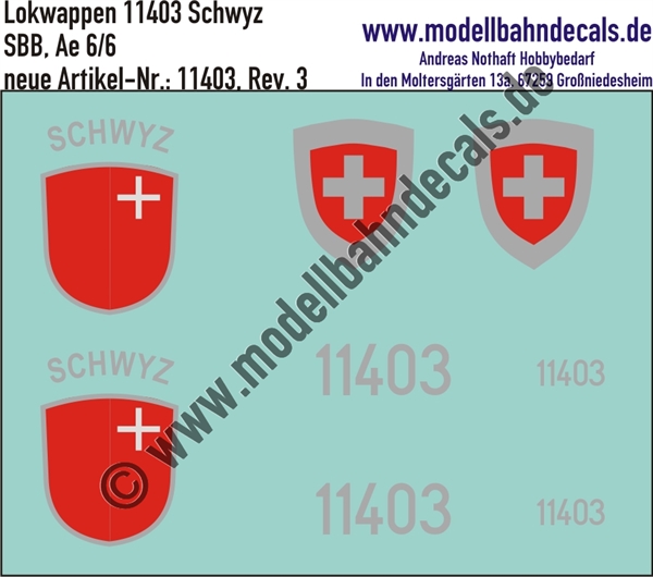 "Nass-Schiebebilder: Zusatzbeschriftung mit Wappen Lok 11403 Schwyz für Ae 6/6 der SBB, ab Epoche 3. Artikel-Nummer: 11403"