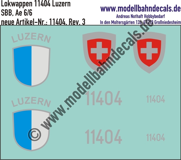 "Nass-Schiebebilder: Zusatzbeschriftung mit Wappen Lok 11404 Luzern für Ae 6/6 der SBB, ab Epoche 3. Artikel-Nummer: 11404"
