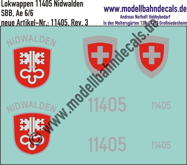 "Nass-Schiebebilder: Zusatzbeschriftung mit Wappen Lok 11405 Nidwalden für Ae 6/6 der SBB, ab Epoche 3. Artikel-Nummer: 11405"