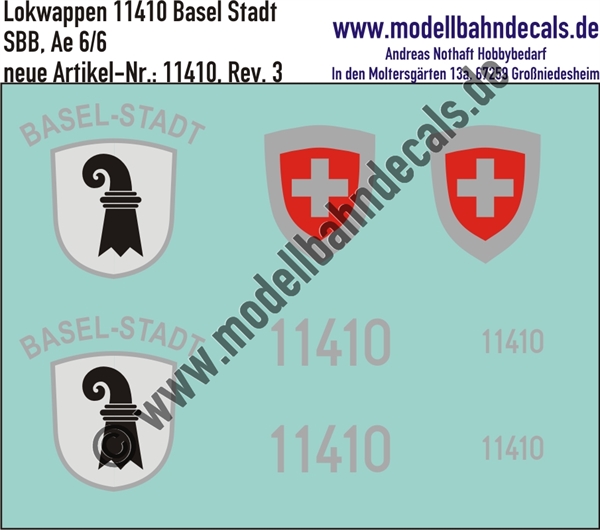 "Nass-Schiebebilder: Zusatzbeschriftung mit Wappen Lok 11410 Basel Stadt für Ae 6/6 der SBB, ab Epoche 3. Artikel-Nummer: 11410"