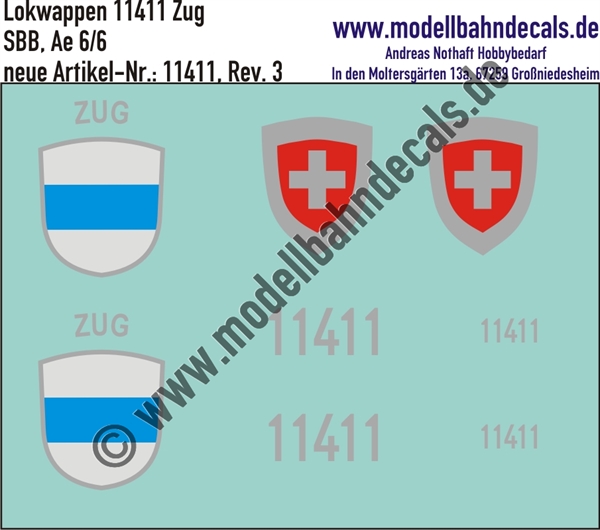 "Nass-Schiebebilder: Zusatzbeschriftung mit Wappen Lok 11411 Zug für Ae 6/6 der SBB, ab Epoche 3. Artikel-Nummer: 11411"