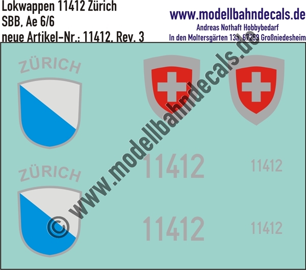 "Nass-Schiebebilder: Zusatzbeschriftung mit Wappen Lok 11412 Zürich für Ae 6/6 der SBB, ab Epoche 3. Artikel-Nummer: 11412"
