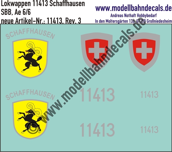 "Nass-Schiebebilder: Zusatzbeschriftung mit Wappen Lok 11413 Schaffhausen für Ae 6/6 der SBB, ab Epoche 3. Artikel-Nummer: 11413"