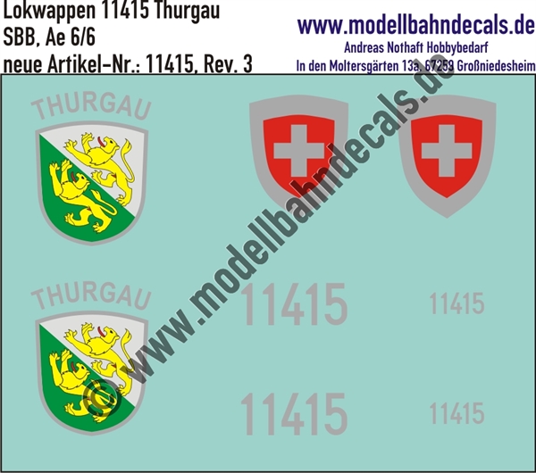 "Nass-Schiebebilder: Zusatzbeschriftung mit Wappen Lok 11415 Thurgau für Ae 6/6 der SBB, ab Epoche 3. Artikel-Nummer: 11415"