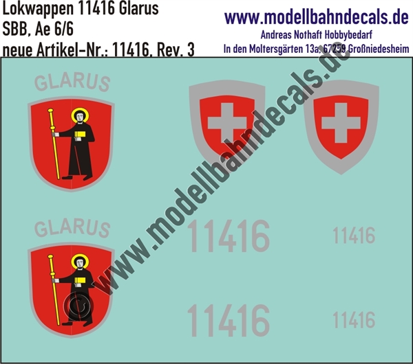 "Nass-Schiebebilder: Zusatzbeschriftung mit Wappen Lok 11416 Glarus für Ae 6/6 der SBB, ab Epoche 3. Artikel-Nummer: 11416"