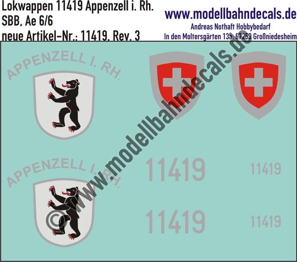 "Nass-Schiebebilder: Zusatzbeschriftung mit Wappen Lok 11419 Appenzell i. Rh. für Ae 6/6 der SBB, ab Epoche 3. Artikel-Nummer: 11419"